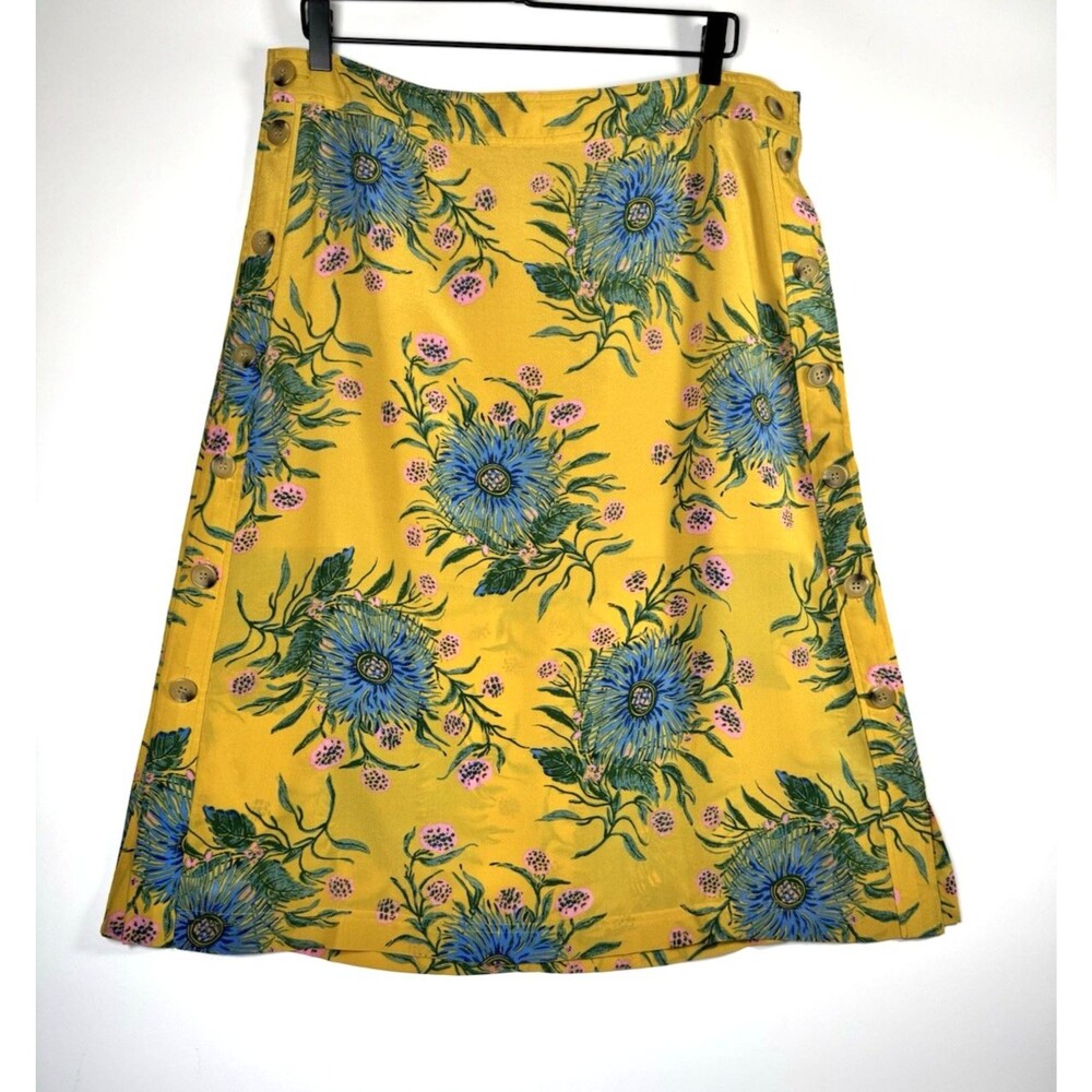 Madewell Silk Skirt Womens 12 Yellow Gold Floral Side Button Painted Blooms Midi